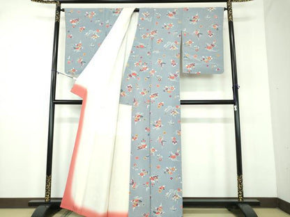 平和屋着物●上質な小紋　型染　草花文　鬼しぼ縮緬　正絹　逸品　DABD1052ps