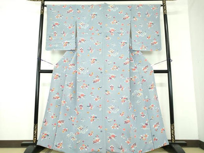 平和屋着物●上質な小紋　型染　草花文　鬼しぼ縮緬　正絹　逸品　DABD1052ps