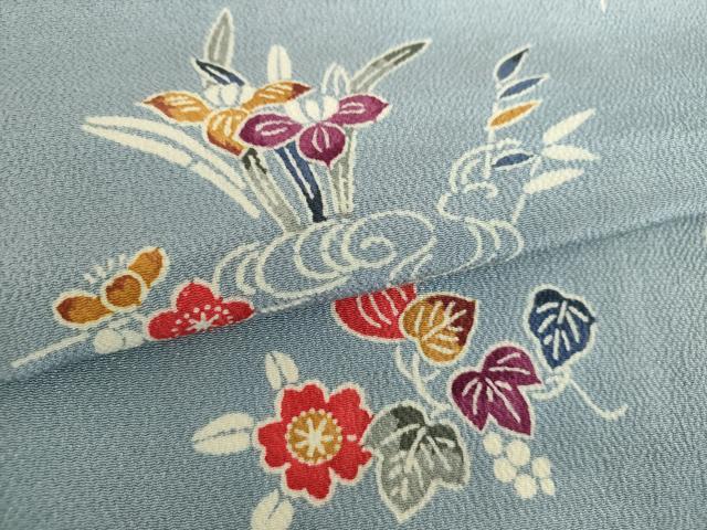 平和屋着物●上質な小紋　型染　草花文　鬼しぼ縮緬　正絹　逸品　DABD1052ps