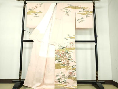 平和屋着物●訪問着　駒刺繍　御所車風景花文　金彩　正絹　逸品　DABD1053ps