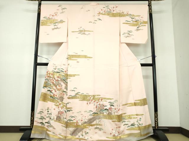 平和屋着物●訪問着　駒刺繍　御所車風景花文　金彩　正絹　逸品　DABD1053ps