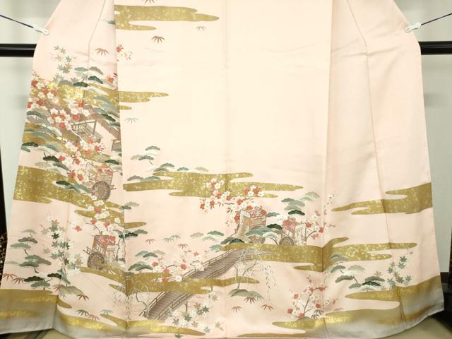 平和屋着物●訪問着　駒刺繍　御所車風景花文　金彩　正絹　逸品　DABD1053ps