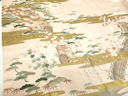 平和屋着物●訪問着　駒刺繍　御所車風景花文　金彩　正絹　逸品　DABD1053ps