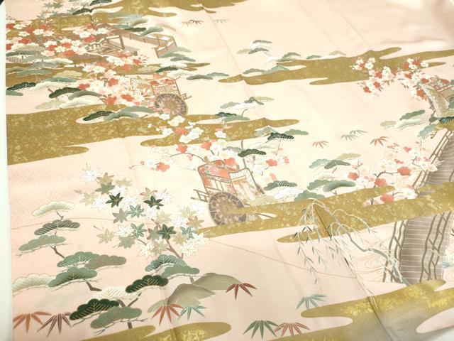 平和屋着物●訪問着　駒刺繍　御所車風景花文　金彩　正絹　逸品　DABD1053ps
