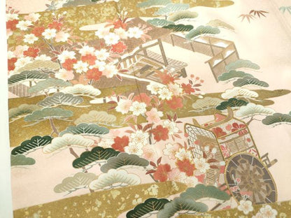 平和屋着物●訪問着　駒刺繍　御所車風景花文　金彩　正絹　逸品　DABD1053ps
