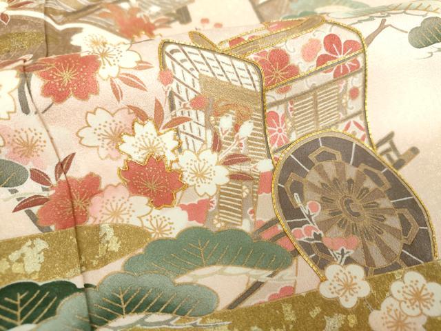 平和屋着物●訪問着　駒刺繍　御所車風景花文　金彩　正絹　逸品　DABD1053ps