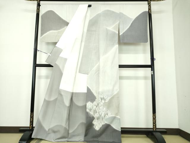 平和屋着物●日本画家　濡れ描き友禅作家　高橋峰陵　訪問着　紬地　手描き　樹林風景　さが美扱い　正絹　逸品　DABD1056ps