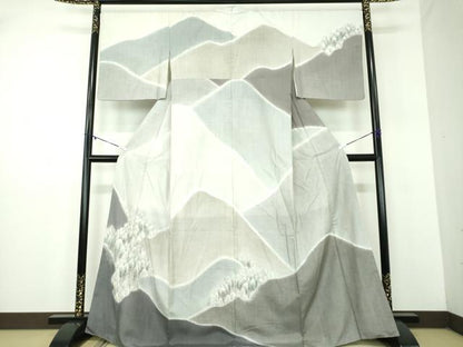 平和屋着物●日本画家　濡れ描き友禅作家　高橋峰陵　訪問着　紬地　手描き　樹林風景　さが美扱い　正絹　逸品　DABD1056ps