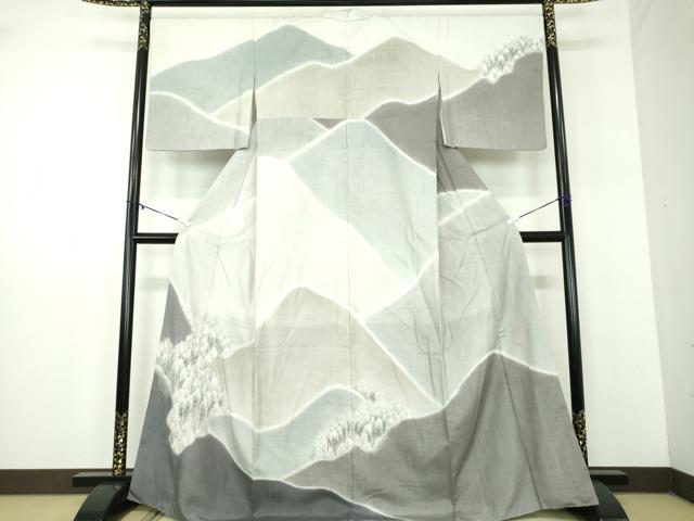 平和屋着物●日本画家　濡れ描き友禅作家　高橋峰陵　訪問着　紬地　手描き　樹林風景　さが美扱い　正絹　逸品　DABD1056ps