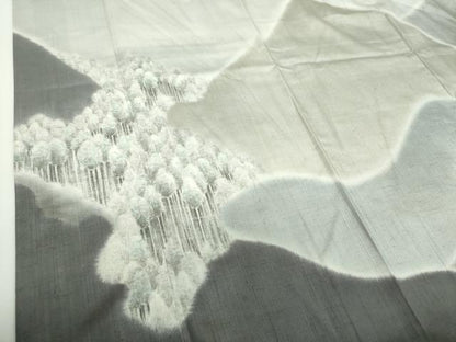 平和屋着物●日本画家　濡れ描き友禅作家　高橋峰陵　訪問着　紬地　手描き　樹林風景　さが美扱い　正絹　逸品　DABD1056ps