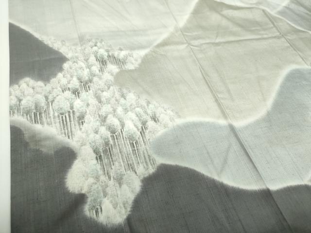 平和屋着物●日本画家　濡れ描き友禅作家　高橋峰陵　訪問着　紬地　手描き　樹林風景　さが美扱い　正絹　逸品　DABD1056ps