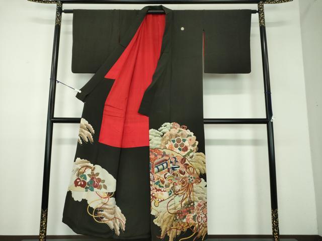 平和屋着物●アンティーク　大正ロマン　黒留袖　手描き　檜扇御所車花文　正絹　逸品　DABD1068ps