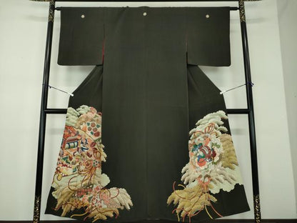 平和屋着物●アンティーク　大正ロマン　黒留袖　手描き　檜扇御所車花文　正絹　逸品　DABD1068ps