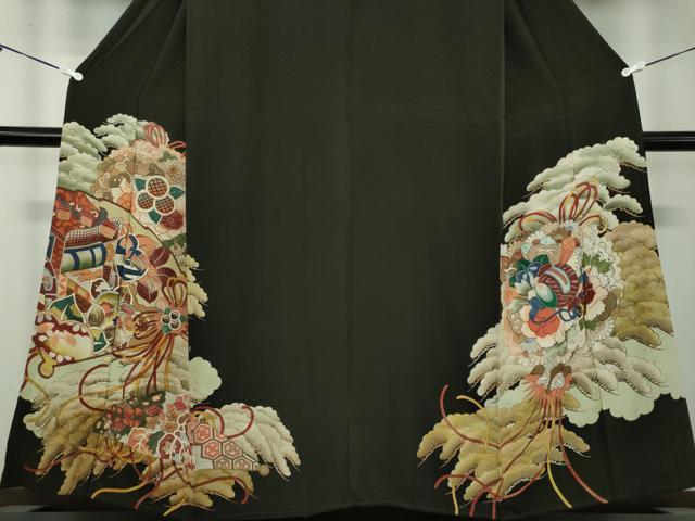 平和屋着物●アンティーク　大正ロマン　黒留袖　手描き　檜扇御所車花文　正絹　逸品　DABD1068ps