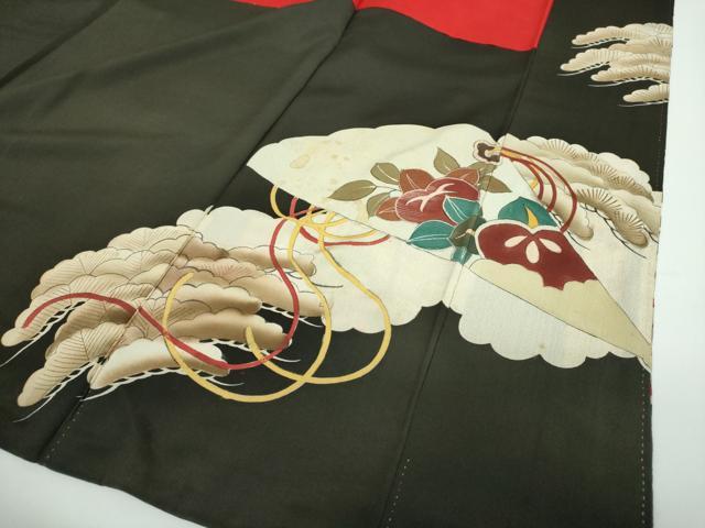 平和屋着物●アンティーク　大正ロマン　黒留袖　手描き　檜扇御所車花文　正絹　逸品　DABD1068ps