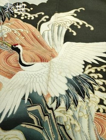 平和屋着物●アンティーク　大正ロマン　黒留袖　駒刺繍　手描き　立波飛鶴文　金彩　正絹　逸品　DABD1069ps