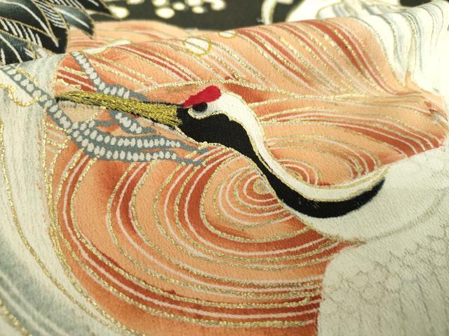 平和屋着物●アンティーク　大正ロマン　黒留袖　駒刺繍　手描き　立波飛鶴文　金彩　正絹　逸品　DABD1069ps