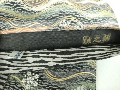 平和屋着物●本場筑前博多織　大倉織物　誠之輔　両面　全通柄袋帯　紹巴　波線華文　黒地　金銀糸　証紙・共箱付　正絹　逸品　DABD1075ps
