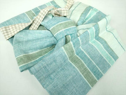 平和屋着物●ワンタッチつけ帯　総刺繍　蝉　間道　麻　逸品　未使用　DABD1085ps