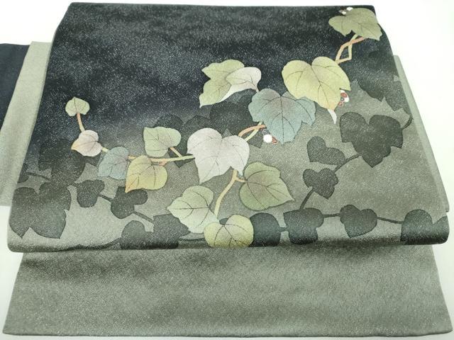 平和屋着物●つけ帯　手描き　葡萄蔦の葉文　銀通し地　正絹　逸品　未使用　DABD1087ps
