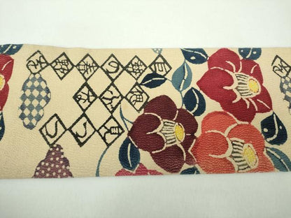 平和屋着物●九寸名古屋帯　型染　枝椿　万葉集　正絹　逸品　DABD1092ps