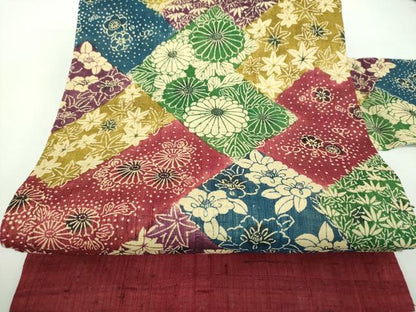 平和屋着物＊夏物 全通柄九寸名古屋帯 生紬 型染 吉祥花文 正絹 逸品 DABD1095ps