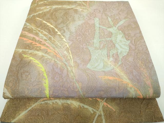 平和屋着物●両面　太鼓柄袋帯　作家物　ふくれ織　餅つき　兎　芒　十五夜　お月見　金通し地　正絹　逸品　未使用　DABD1116ps
