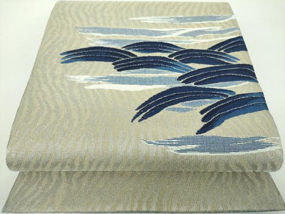 平和屋着物●両面　太鼓柄袋帯　藍　流水文　金銀糸　正絹　逸品　未使用　DABD1118ps