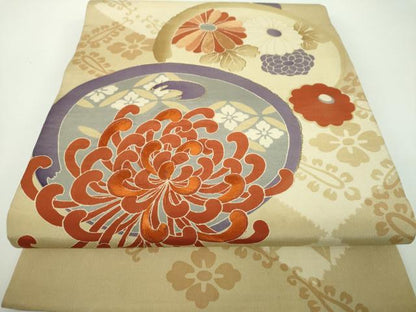 平和屋着物●アンティーク　大正ロマン　丸帯　引き抜き帯　駒刺繍　乱菊　吉祥花文　金糸　正絹　逸品　DABD1123ps