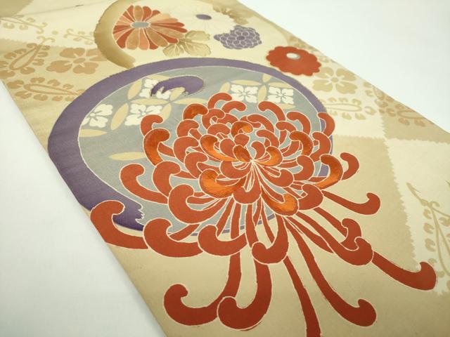 平和屋着物●アンティーク　大正ロマン　丸帯　引き抜き帯　駒刺繍　乱菊　吉祥花文　金糸　正絹　逸品　DABD1123ps