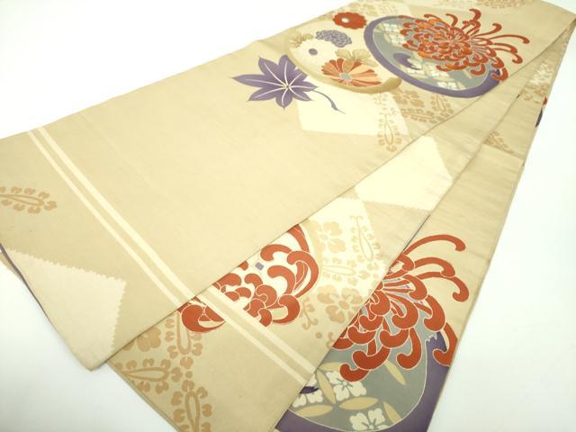 平和屋着物●アンティーク　大正ロマン　丸帯　引き抜き帯　駒刺繍　乱菊　吉祥花文　金糸　正絹　逸品　DABD1123ps