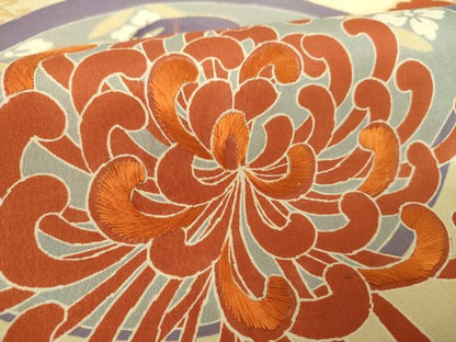 平和屋着物●アンティーク　大正ロマン　丸帯　引き抜き帯　駒刺繍　乱菊　吉祥花文　金糸　正絹　逸品　DABD1123ps