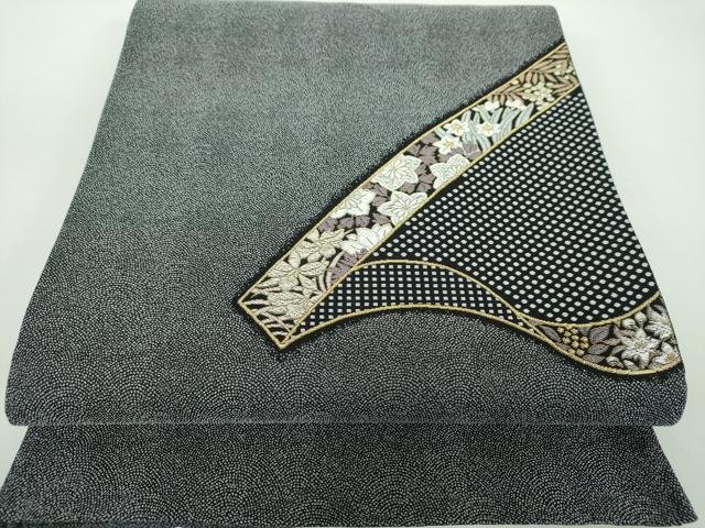 平和屋着物●六通柄袋帯　草花文　黒地　金銀糸　正絹　逸品　DABD1152ps