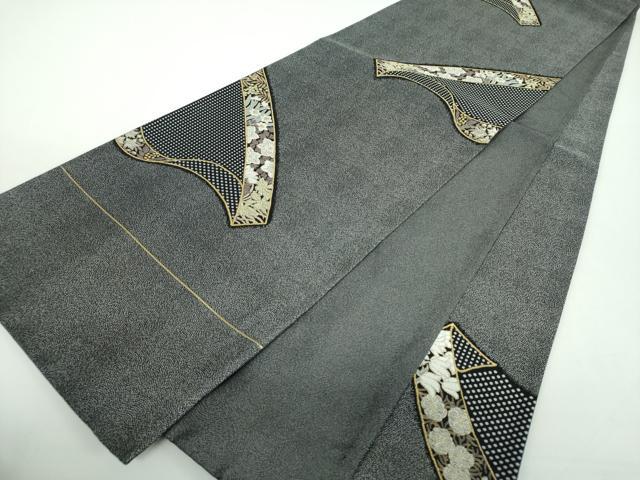 平和屋着物●六通柄袋帯　草花文　黒地　金銀糸　正絹　逸品　DABD1152ps