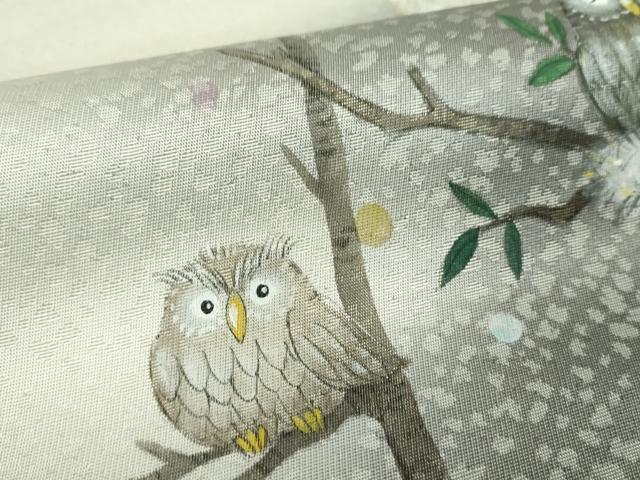 平和屋着物●日本画家　濡れ描き友禅作家　高橋峰陵　太鼓柄袋帯　手描き　梟　さが美扱い　正絹　逸品　DABD1156ps
