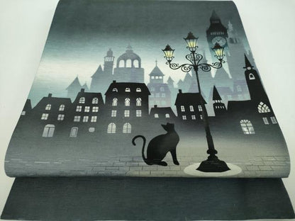 平和屋着物●全通柄　京袋帯　WAKKA　ワッカ　夜景　街頭　黒猫　正絹　逸品　DABD1164ps
