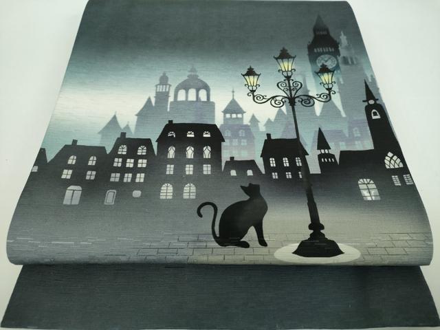 平和屋着物●全通柄　京袋帯　WAKKA　ワッカ　夜景　街頭　黒猫　正絹　逸品　DABD1164ps