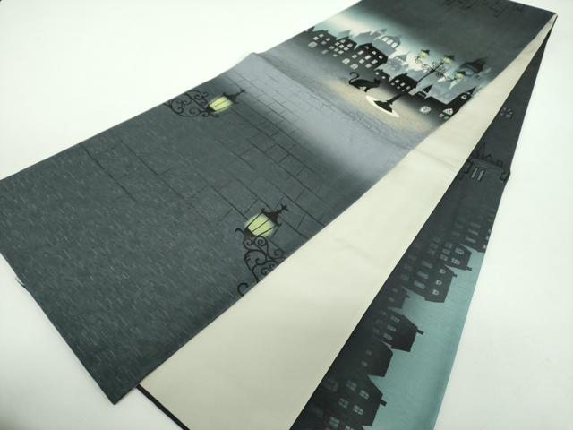 平和屋着物●全通柄　京袋帯　WAKKA　ワッカ　夜景　街頭　黒猫　正絹　逸品　DABD1164ps