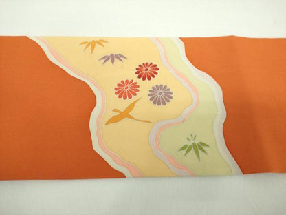 平和屋着物▼塩瀬　九寸名古屋帯　刺繍　道長花鳥文　正絹　逸品　DABD1167ps