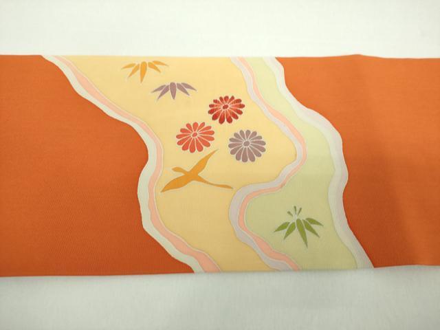 平和屋着物▼塩瀬　九寸名古屋帯　刺繍　道長花鳥文　正絹　逸品　DABD1167ps