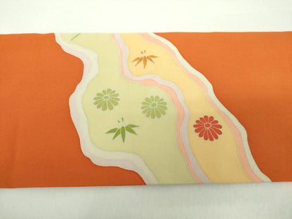 平和屋着物▼塩瀬　九寸名古屋帯　刺繍　道長花鳥文　正絹　逸品　DABD1167ps