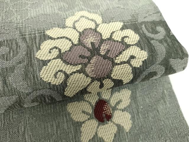 平和屋着物▽九寸名古屋帯 スリーシーズン 春夏秋 櫛織り 牡丹唐草 銀糸 正絹 逸品 DABD1176ps