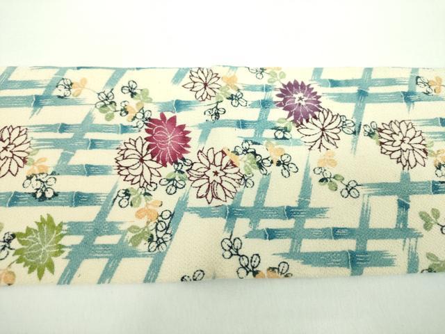 平和屋着物●九寸名古屋帯　型染　竹垣花文　鬼しぼ縮緬　正絹　逸品　DABD1178ps