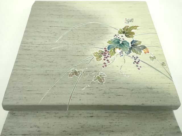 平和屋着物●九寸開き名古屋帯　白山紬地　友禅　作家物　葡萄蔦の葉文　正絹　逸品　未使用　DABD1180ps