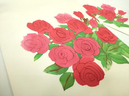 平和屋着物●塩瀬　九寸名古屋帯　作家物　ろうけつ染め　薔薇　正絹　逸品　未使用　DABD1184ps