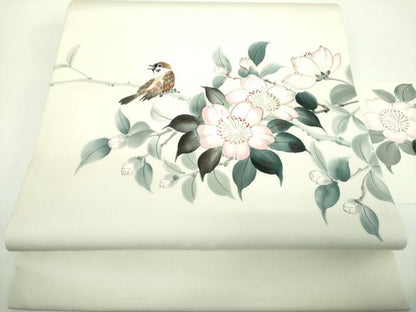 平和屋着物●塩瀬　九寸名古屋帯　作家物　手描き　雀　枝花文　正絹　逸品　DABD1185ps