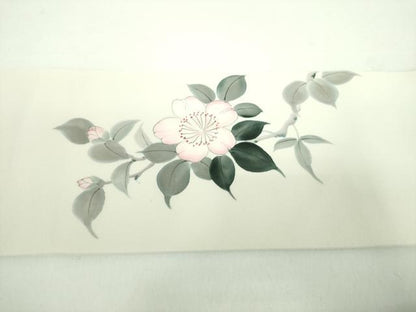 平和屋着物●塩瀬　九寸名古屋帯　作家物　手描き　雀　枝花文　正絹　逸品　DABD1185ps