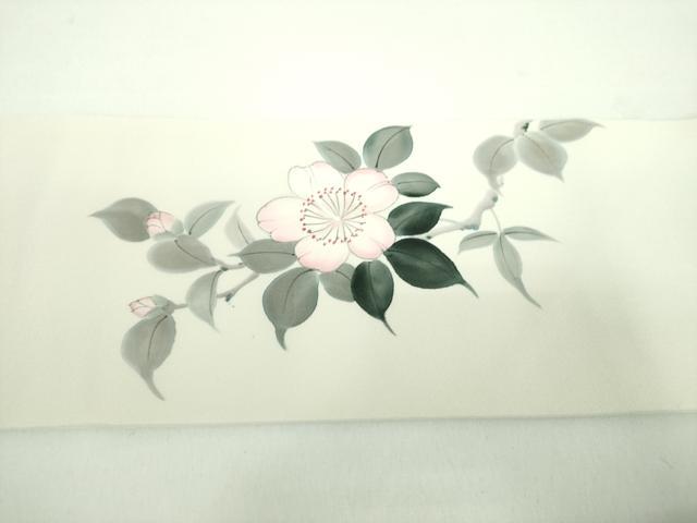 平和屋着物●塩瀬　九寸名古屋帯　作家物　手描き　雀　枝花文　正絹　逸品　DABD1185ps