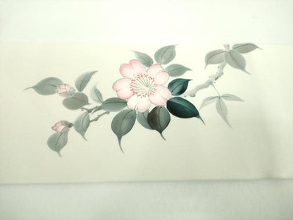 平和屋着物●塩瀬　九寸名古屋帯　作家物　手描き　雀　枝花文　正絹　逸品　DABD1185ps