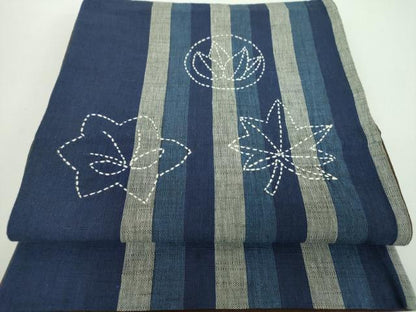 平和屋着物●太鼓柄　京袋帯　刺し子　総刺繍　花楓　鰹縞　綿　逸品　DABD1186ps